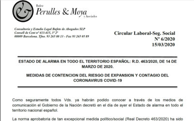 Circular laboral: estat d’alarma en tot el territori espanyol. Mesures de contenció del risc d’expansió i contagi del Coronavirus Covid-19